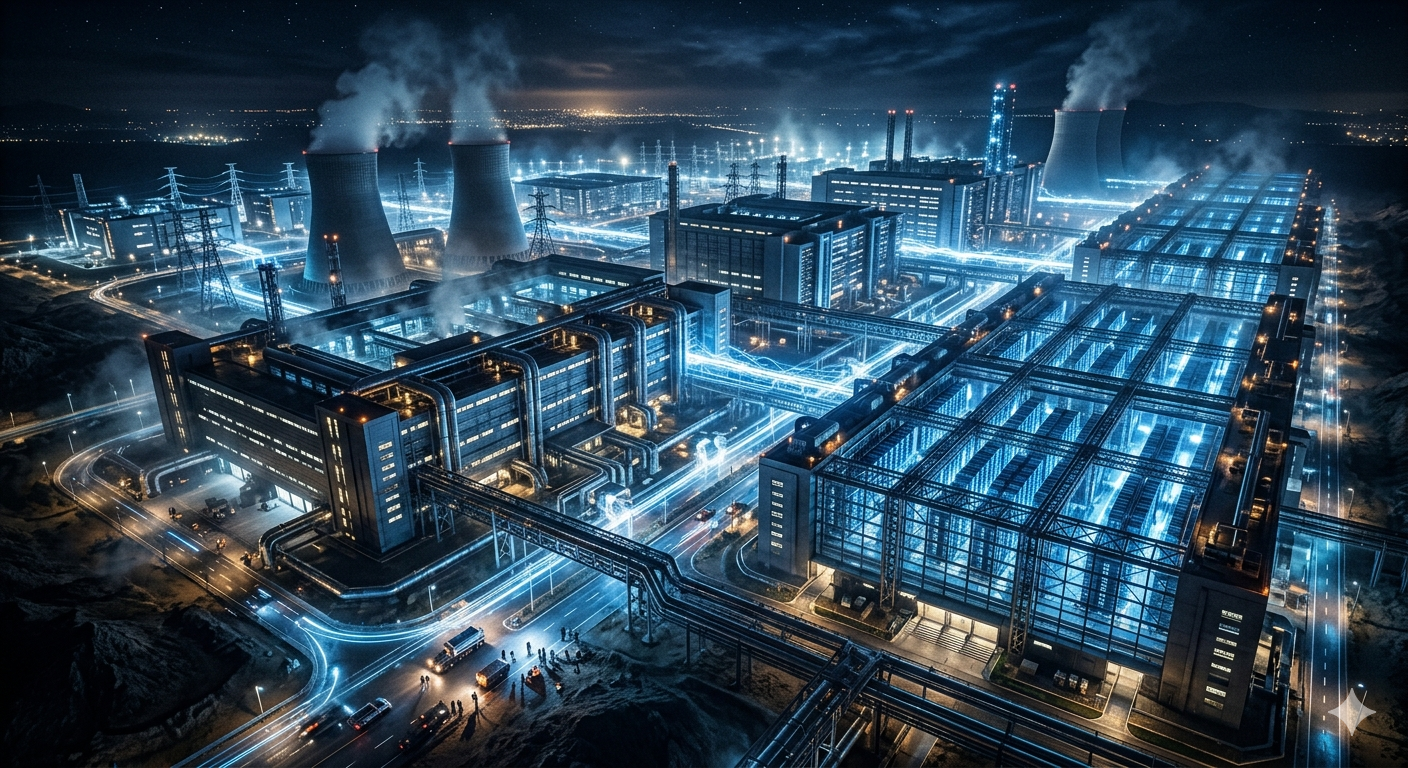 Futuristic AI factory with hyperscale GPU infrastructure, advanced cooling systems, and AI-ready power architecture